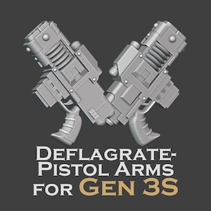 May include: Two grey, futuristic pistol-style arm components arranged in a V-shape. Below the pistols, the text reads: DEFLAGRATE-PISTOL ARMS FOR GEN 3S. The design features ribbed barrels, blocky frames, and ergonomic grips, rendered in a solid grey tone.