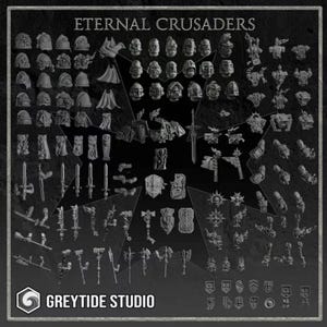Puede incluir: Una colección de piezas de plástico gris en miniatura etiquetadas como ETERNAL CRUSADERS y GREYTIDE STUDIO. El conjunto incluye varios diseños de cascos, hombreras, capas, espadas, hachas, escudos y pequeños emblemas heráldicos sobre fondo oscuro.