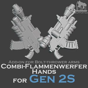May include: Two grey miniature sci-fi weapons with barrels and magazines, labelled as an add-on for bolt-thrower arms, Combi-Flammenwerfer hands for Gen 2S. The design features detailed mechanical components and a supported icon in the corner.