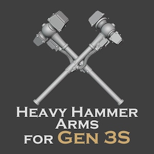 Puede incluir: Dos martillos mecánicos grises cruzados con mangos acanalados y cabezas en forma de bloque. Debajo de los martillos, el texto dice HEAVY HAMMER ARMS FOR GEN 3S, con los dos últimos caracteres en color beige sobre un fondo gris oscuro.