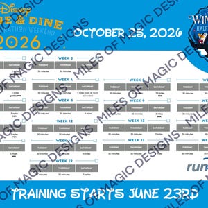 May include: A training schedule for the Disney Wine & Dine Half Marathon Weekend 2026, with a blue and white design. The schedule includes weekly training plans, starting June 23rd, with the race on October 25th. The image features penguin characters.