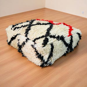 Handmade Moroccan Floor Pouf | Vintage Beni Ourain Cushion | Boho Chic Ottoman | Shaggy Wool Pouf for Living Room or Bedroom Decor