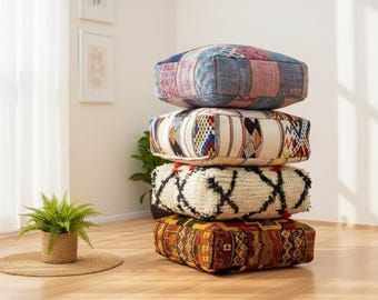 Pouf da pavimento marocchino in lana fatto a mano, cuscino ottomano berbero vintage