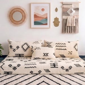 Moroccan Floor Sofa Set | Handmade Ivory Black Tribal Wool Cover | Custom Size Boho Floor Couch Cushion | Sofa Bed Cover | Covers Only