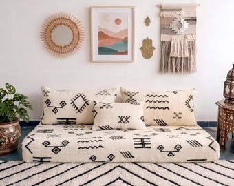 Moroccan Floor Sofa Set | Handmade Ivory Black Tribal Wool Cover | Custom Size Boho Floor Couch Cushion | Sofa Bed Cover | Covers Only