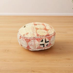 Boho Floor Pouf – Moroccan Ottoman, Berber tribal design Cushion, Handmade wool Pouf for Living Room, Nursery, Meditation Seat