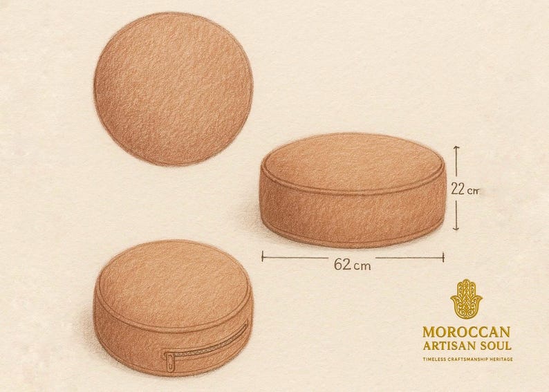 Pu&ograve; includere: Illustrazione di un pouf rotondo marrone con cerniera e vista dall'alto. Il cuscino &egrave; alto 22 cm e largo 62 cm. &Egrave; visibile anche il testo "MOROCCAN ARTISAN SOUL".
