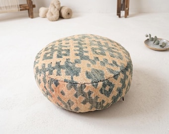 Marokkanischer Wolle Pouf Handgefertigtes Rundes Bodenkissen Sage Grün Pfirsich Berber Ottoman Boho Sitz Ungefüllt Bezug Geschenk