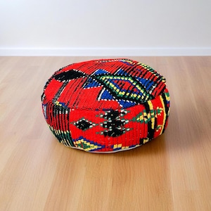 Handwoven chunky Kilim Pouf Ottoman – Vibrant Colorful Boho Floor Cushion, Moroccan Style Decor, Ethically Made, Living Room Accent Seating
