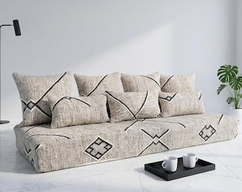 Beni Ourain Floor Sofa Set | Ivory Black Wool Moroccan Seating (Unstuffed Covers)