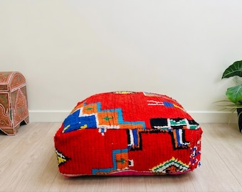 marokkanischer Bodenpouf | Roter Kilim Tribal Pouf Ottoman | Boho Bodenkissen Sitzkissen | Berber Pouf Bezug | Einweihungsparty Geschenk Wohnkultur