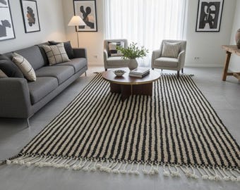 Handmade Wool Berber Striped Rug, Pink & Green, Tufted Moroccan Carpet