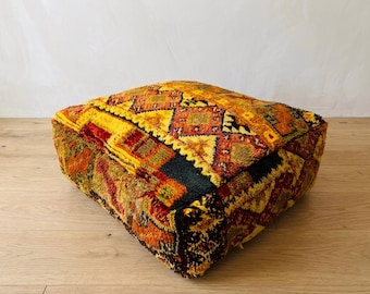 Handmade Moroccan Berber Pouf Stool, Wool Kilim Ottoman Floor Cushion - Tribal Square Pillow