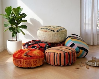 Marokański Kilim, okrągła poduszka podłogowa, ręcznie robiona wełna, kolorowe siedzisko w stylu boho, niepchany puf, prezent dla niej, wystrój domu