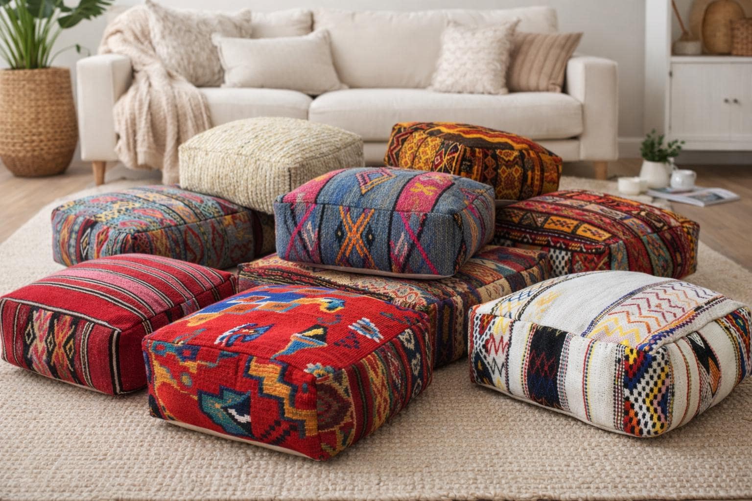 Pouf Coussin De Sol En Laine Tricot Crochet - Vintage Fait Main - 50x5cm