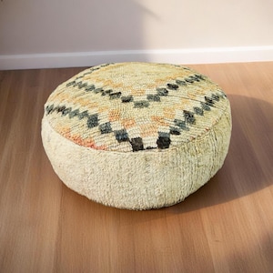 Handmade Moroccan Pouf Ottoman – Cream White Boho Floor Kilim Cushion with Tribal Pattern