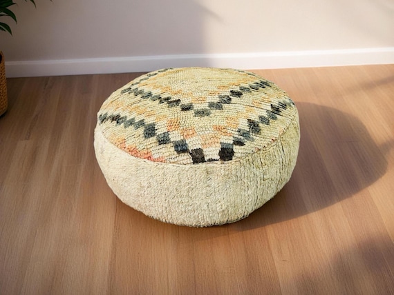 Handmade Moroccan Pouf Ottoman – Cream White Boho Floor Kilim Cushion with Tribal Pattern