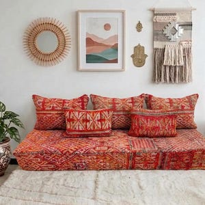 Red Moroccan Floor Sofa Set | Handmade Boujaad Tribal Patchwork Floor Couch | Boho Floor Seating Cushion Set | Covers Only