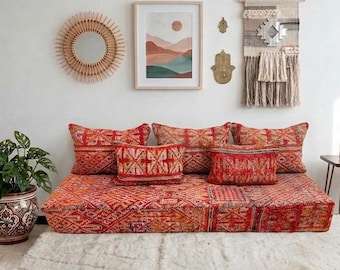 Red Moroccan Floor Sofa Set | Handmade Boujaad Tribal Patchwork Floor Couch | Boho Floor Seating Cushion Set | Covers Only