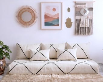 Moroccan Floor Sofa Set | Modular Floor Couch Cushion |Ivory Diamond Wool Floor Pillow Set | Custom Size Small Space Furniture | Covers Only