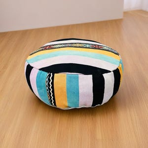 Boho Floor Pouf – Moroccan Ottoman, Colorful Striped Cushion, Handmade wool Pouf for Living Room, Nursery, Meditation Seat