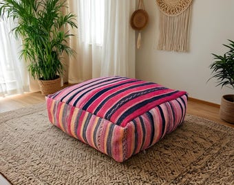 Pouf kilim marocchino con pavimento a righe rosa, seduta, arredamento boho, quadrato, grande cuscino da pavimento