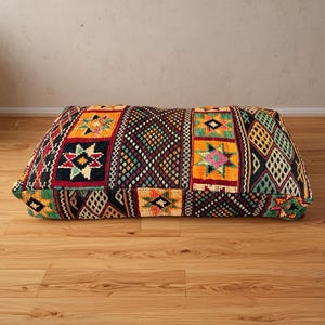 Moroccan Floor Pouf | Boho Chic Ottoman Cushion | Handmade Kilim Pillow Cover | Colorful Ethnic Seating | Living Room Decor