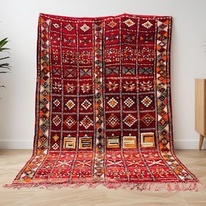 Vintage Authentic Moroccan Boujaad Rug – Red Geometric Wool Carpet, Handwoven Berber Tribal Area Rug, Boho Colorful Home Decor | One Of Kind