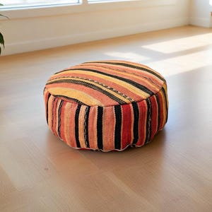 Vintage Handwoven Wool Moroccan Pouf: Striped Berber Ottoman