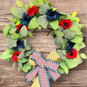 Ghirlanda patriottica estiva rossa, bianca e blu, decorazione per porta, ghirlanda con bandiera americana