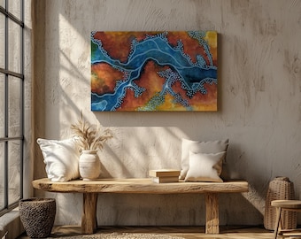 Lienzo abstracto con paisaje fluvial: Arte mural moderno en tonos azules y naranjas.