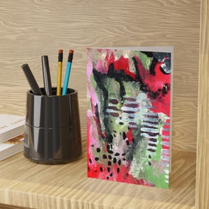 Conjunto de cartões de felicitações abstratos modernos, pacote de notas artísticas em vermelho e verde vibrante, papelaria artesanal, interior em branco, conjunto para presente de 1 ou 10 peças