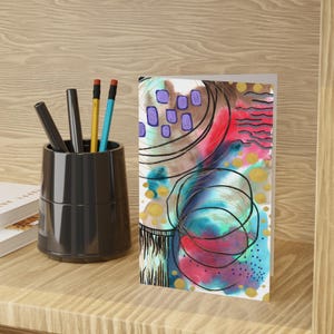 Bunte abstrakte Grußkarte, rosa blau gold Karte Kunstdruck, festliches DIY Notiz Set, leer innen, 1p oder 10p Packung