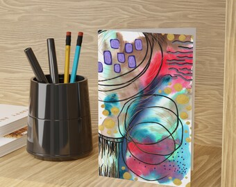 Abstract Art Greeting Card Set: Pink, Blue & Gold - Blank Inside