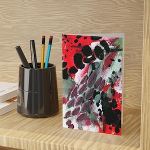 Set di biglietti d'auguri astratti e vivaci, stampa artistica rosso, verde e malva, biglietti con interno vuoto, cancelleria moderna, 1 o 10 pezzi, 4"x6" con buste