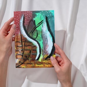 Conjunto de cartões de felicitações abstratos terrosos, pintura com textura de tijolo vermelho e verde, arte de notas contemporânea moderna, pacote com 1 ou 10 peças, interior em branco