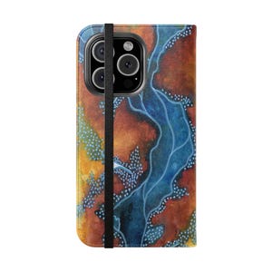 River Map Art Wallet Case voor iPhone en Samsung Galaxy, Abstract Terrain Folio Cover met kaartvakken en veilige elastische bandsluiting