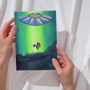 Funny Alien Cow Abduction Greeting Card, Printable UFO Art Card, Digital Download, Humorous Space Gift, Instant Download, 4"x6" and 5"x7"