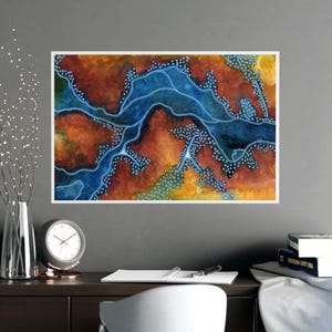 Fluss Karte Poster Druck, abstrakter blauer Wasserweg mit gepunktetem Gelände Kunst, moderne topografische Stil Wanddekoration für naturinspirierte Häuser