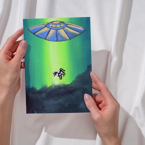 Funny Alien Cow Abduction Greeting Card, Joke UFO Art Card for Friends, Humorous Space Gift, 4"x6"