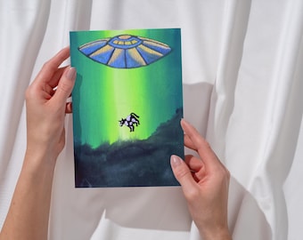 Funny Alien Cow Abduction Greeting Card: Humorous UFO Art