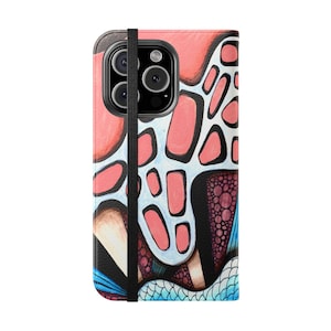 Capa tipo carteira com design abstrato coral para iPhone e Samsung Galaxy, capa tipo fólio com padrão marinho artístico, compartimentos para cartões e alça de segurança