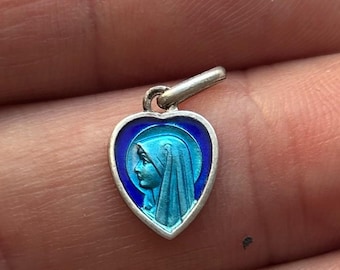 Antique French Art Deco Heart Lourdes Medal, Blue Guilloche Enamel Virgin Mary Pendant, Small Catholic Silver Plated Medallion 1930s