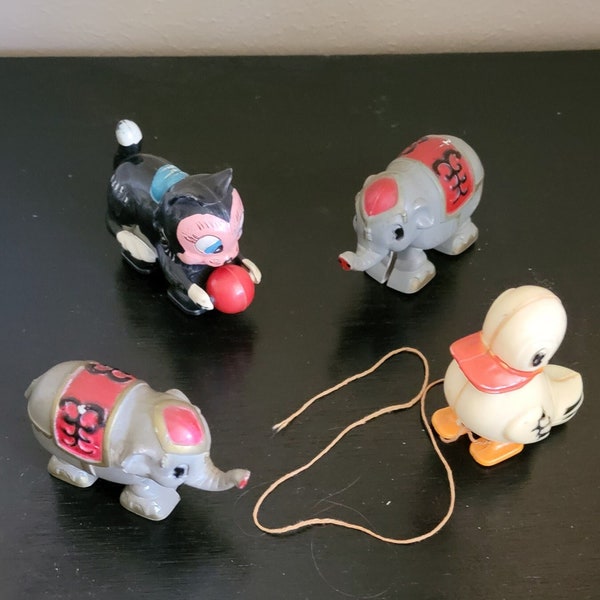 Vintage Marx Ramp Walkers and Pull Toys Duck Elephant & Cat with Ball