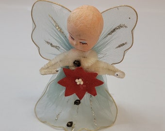 Vintage Christmas Angel Tulle and Chenille Poinsettia Angel Composition Head