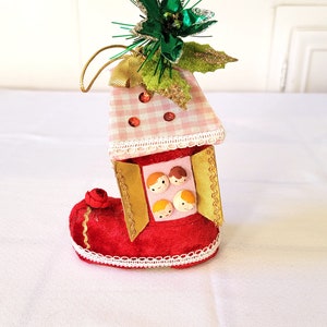 Vintage Made in Japan Christmas Ornament Flocked Velvet Old Women in The Shoe