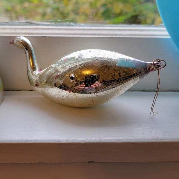 Antique Rare Silvered Large Blown Glass Bird Ornament Made in Germany 1920s