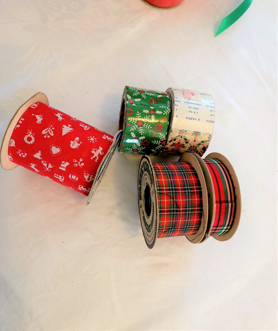 Vintage Christmas Fabric Ribbon Rolls Lot NOS Candy Canes Snowflakes ...