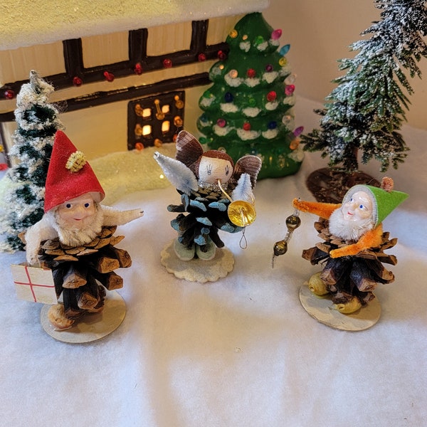 Vintage Pinecone Elves and Angels 1950s Set of Three Made in Japan Free Shipping