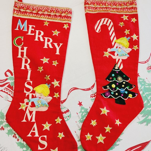 Vintage Christmas Felt Stocking Beaded with Sequins Angels Christmas Trees 1950s